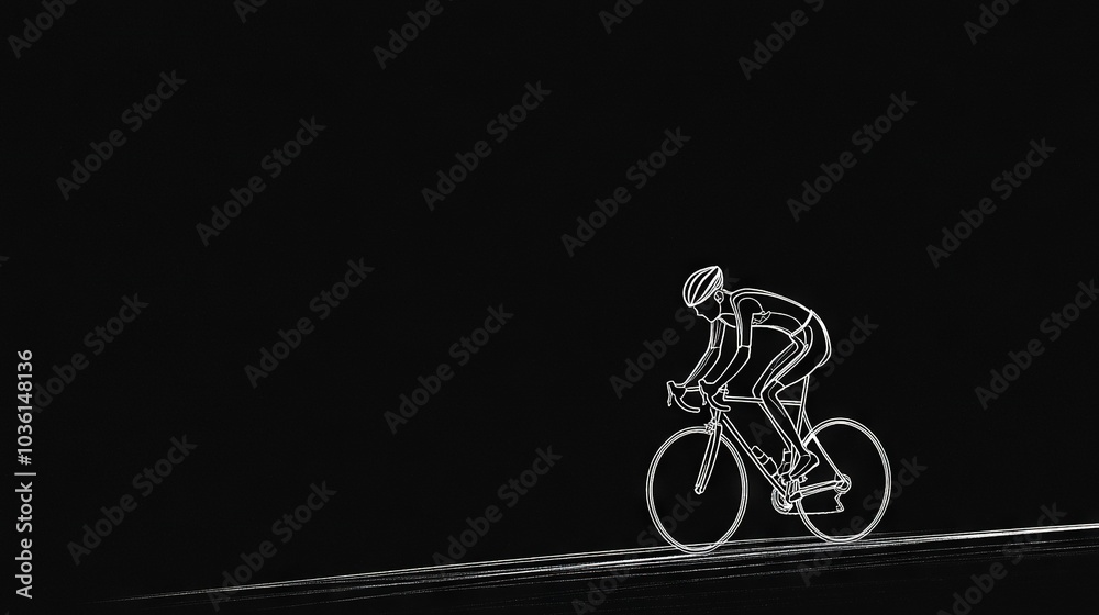 Fototapeta premium A well-lit person rides their bike on a dark street in a monochrome image