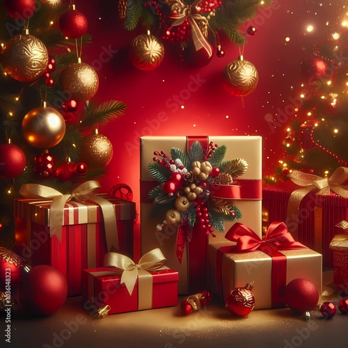 christmas background with boxes and decorations, created whit A.I. generativo.