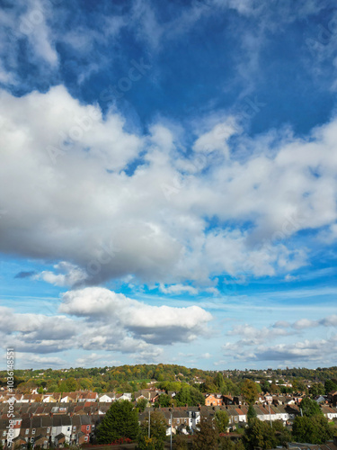 High Angle Footage of North Luton City of England UK. Aerial Footage Was Captured with Drone's Camera on October 17th, 2024 at Just Before Sunset Time.