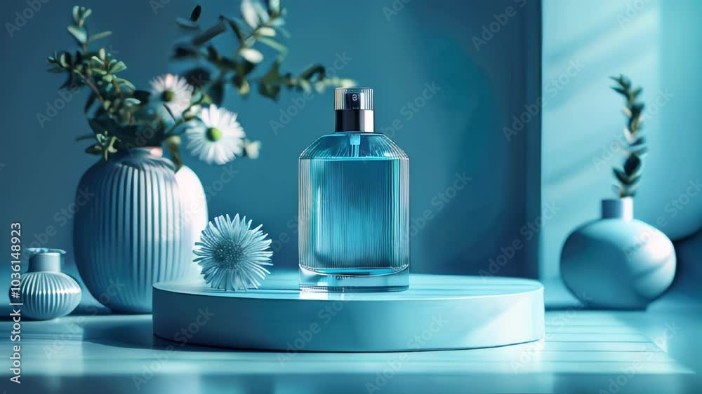 A stylish perfume bottle on a blue pedestal with elegant flowers in the background A stylish perfume bottle on a blue pedestal with elegant flowers in the background