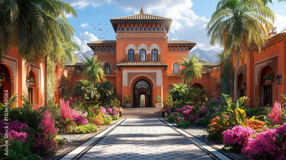 Ornate Moroccan Villa Entrance with Lush Gardens and Palm Trees Ornate Moroccan Villa Entrance with Lush Gardens and Palm Trees