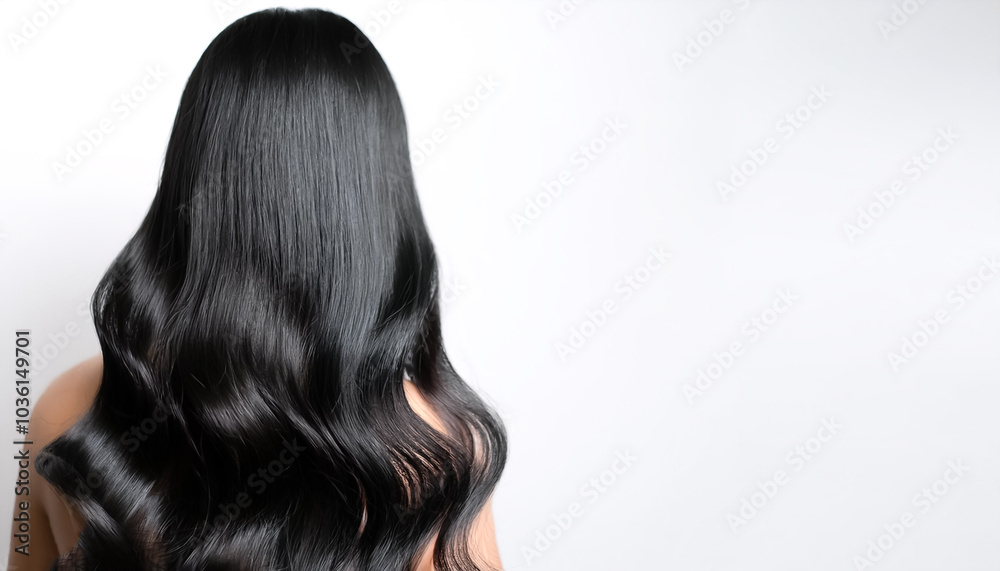 Fototapeta premium Curvy black long hair on side position provides copy space for text. background concept isolated white