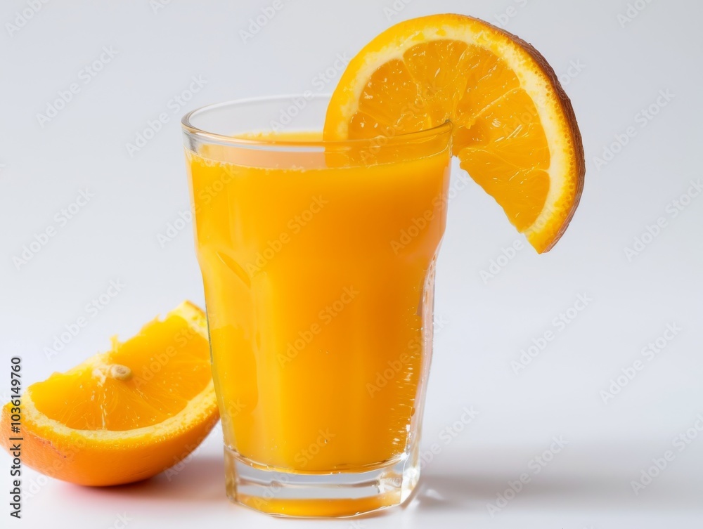 A glass of orange juice with a slice of orange on the rim on a white background A glass of orange juice with a slice of orange on the rim on a white background