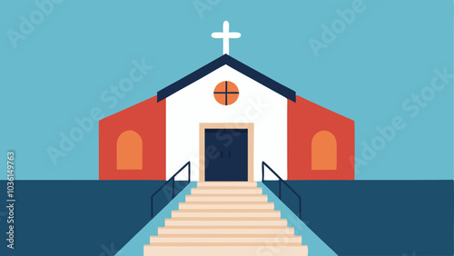 Universal Ramp Entrance A church building with a wide accessible ramp leading to the front door with a sign indicating it is wheelchair accessible.