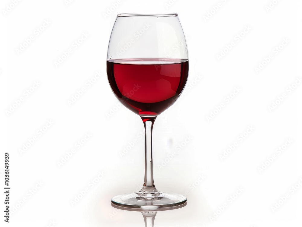 A glass of red wine with reflections on a pristine white background