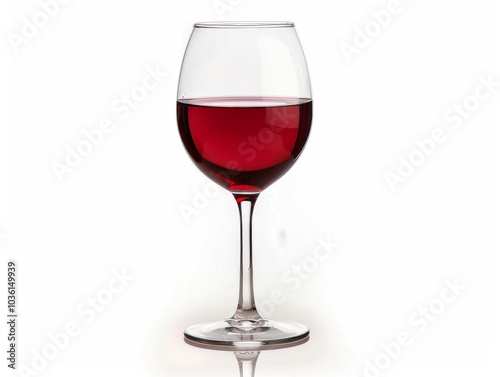 A glass of red wine with reflections on a pristine white background