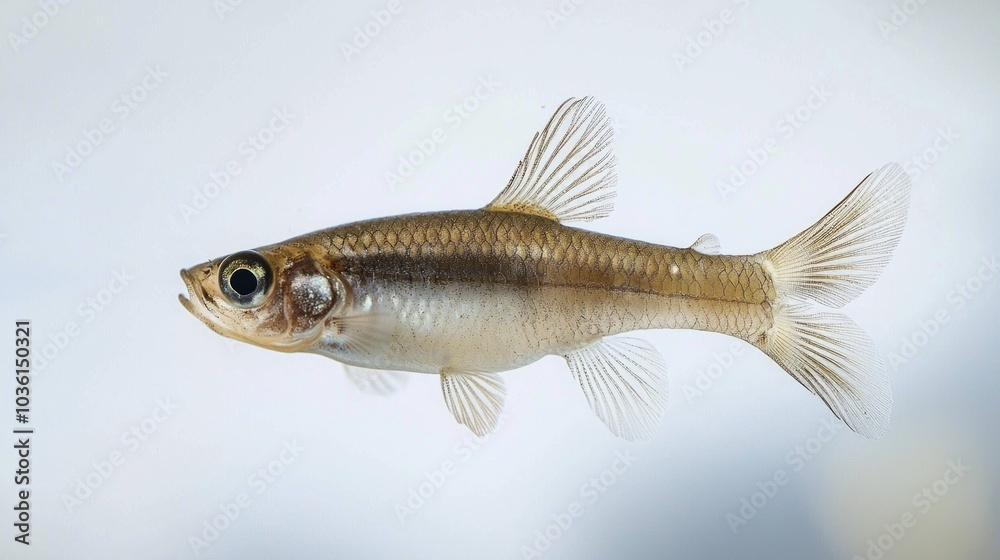 White Cloud Mountain Minnow glides effortlessly displaying its exquisite fin structure and shimmering scales against a clean white backdrop illustrating its natural beauty. White Cloud Mountain Minnow glides effortlessly displaying its exquisite fin structure and shimmering scales against a clean white backdrop illustrating its natural beauty.