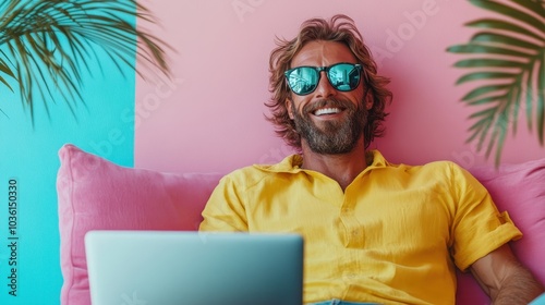 A cheerful man in a yellow shirt sits on a pink couch using a laptop, set against a colorful split blue and pink background with green plant accents.