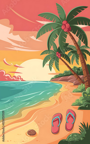 Palm trees and sunset on a tropical beach with flip flops  perfect for summer vacation   