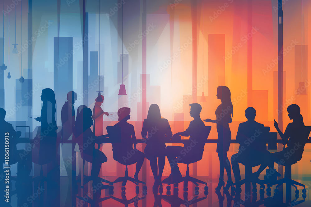 Diverse Business Team Collaborating in Modern Office Atmosphere with Vibrant Backgrounds Diverse Business Team Collaborating in Modern Office Atmosphere with Vibrant Backgrounds