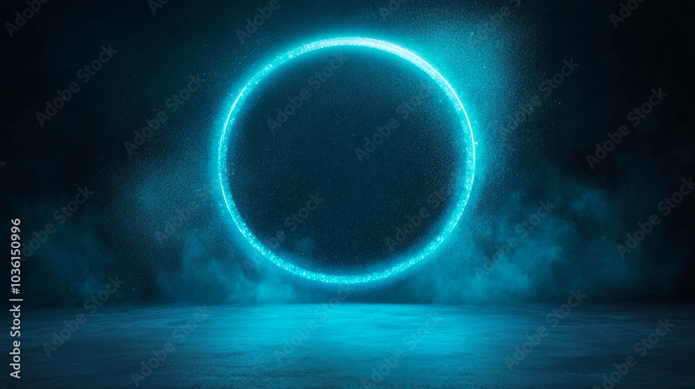 A glowing blue ring of light sits in a dark and smoky room. A glowing blue ring of light sits in a dark and smoky room.