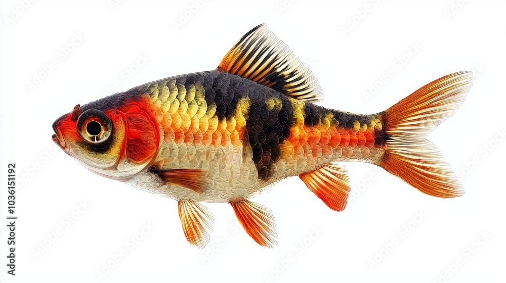 vibrant Tiger Barb swims elegantly in clear water showcasing its distinctive coloration and patterns against a bright white backdrop emphasizing its beauty. vibrant Tiger Barb swims elegantly in clear water showcasing its distinctive coloration and patterns against a bright white backdrop emphasizing its beauty.