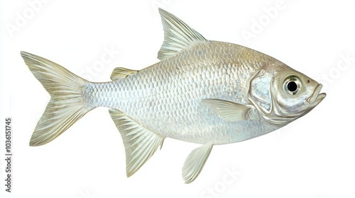 silver dollar fish glides effortlessly displaying its shimmering body and rounded form highlighting its natural beauty against a bright white backdrop.