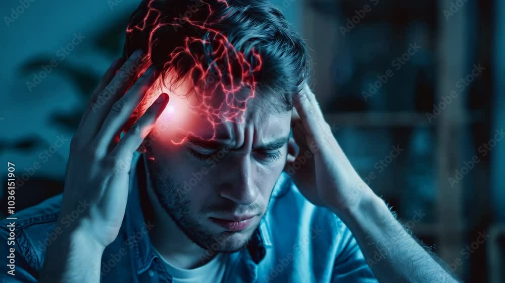 Young Man Suffering from Headache with Highlighted Brain – Mental Health and Neurology Concept