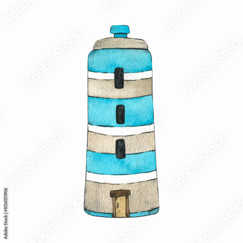 Cute cartoon blue lighthouse isolated. Watercolor stylized children's illustration drawn by hand. Old sea lighthouse in Scandinavian style, could be used for kid posters or cards. Fishing village. eps