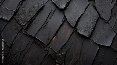 This image shows an arrangement of jagged black slate tiles forming an uneven surface with a raw, rustic appearance, highlighting imperfections and rugged beauty. photo