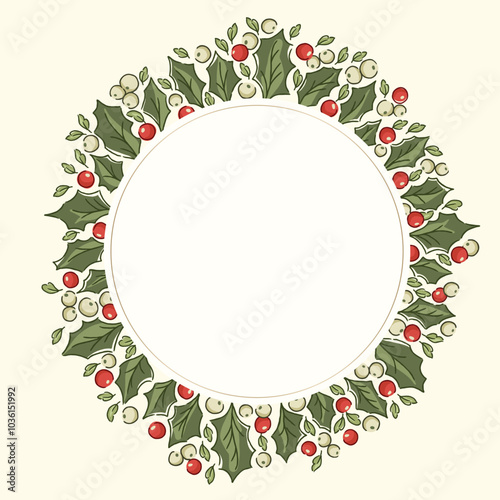 Nostalgic round holly garland illustration in traditional Christmas colors. Festive evergreen border with vintage holiday foliage and berries, ideal for seasonal winter imagery.