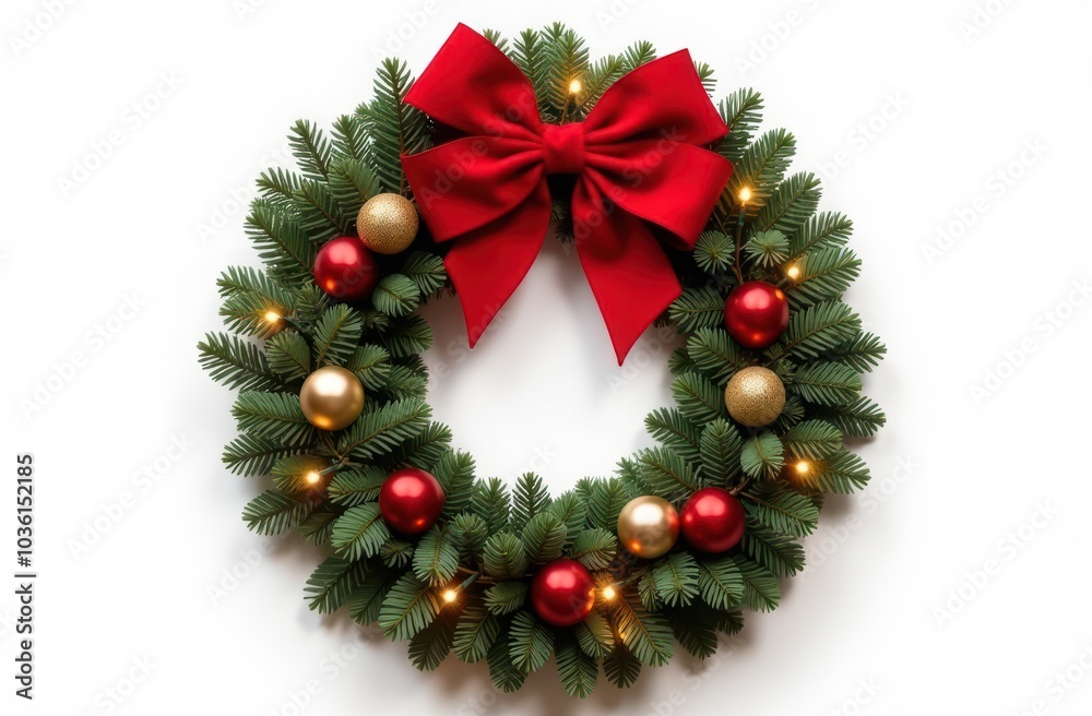 Festive Christmas wreath with red bow isolated on white background Festive Christmas wreath with red bow isolated on white background