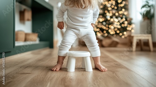 A cute toddler wearing a cozy white outfit stands near a small white stool on a wooden floor, surrounded by a warm, festive home atmosphere ready for playtime. photo