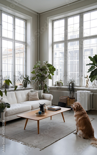 Golden Retriever dog on a beige rug in a bright living room with white couch and wooden coffee table 