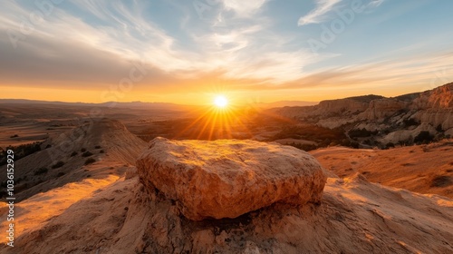 A breathtaking sunset casts golden hues over a rugged rocky landscape, the sun's rays creating a mesmerizing visual contrast against the expansive, clear sky backdrop. photo