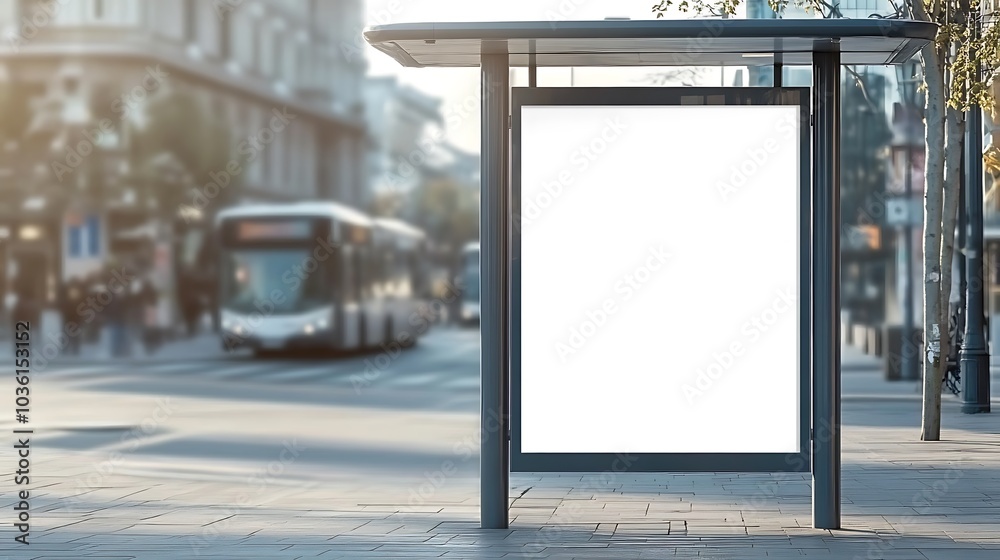 Fototapeta premium A blank white poster on a sleek bus stop shelter near a busy street corner.