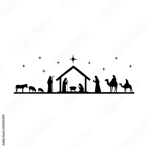 Christmas nativity scene clip art design on plain white transparent isolated background for card, shirt, hoodie, sweatshirt, apparel, card, tag, mug, icon, poster or badge