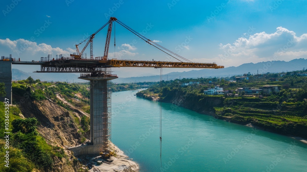 A dramatic view of a bridge under construction spanning a river, Bridge construction scene, Structural and monumental style A dramatic view of a bridge under construction spanning a river, Bridge construction scene, Structural and monumental style