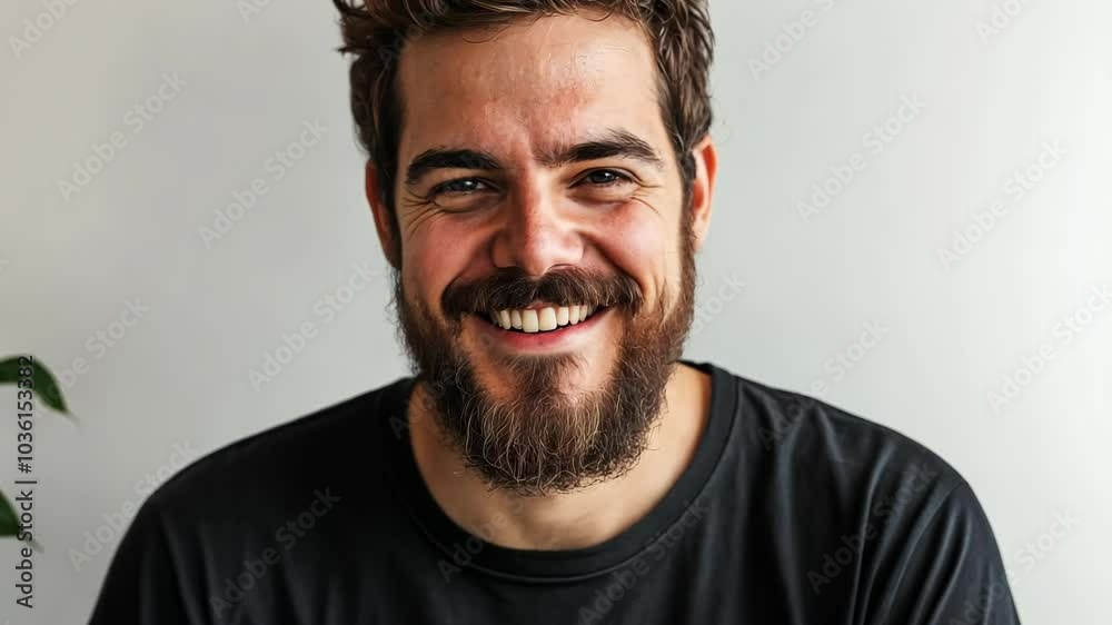 A man with a beard smiles broadly at the camera A man with a beard smiles broadly at the camera