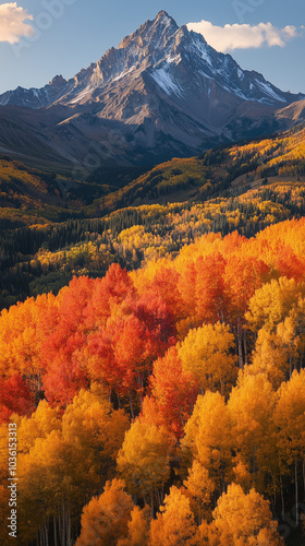 towering mountain peak, autumn scenery with vibrant fall colors