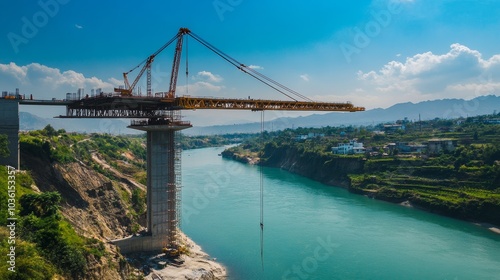 A dramatic view of a bridge under construction spanning a river, Bridge construction scene, Structural and monumental style