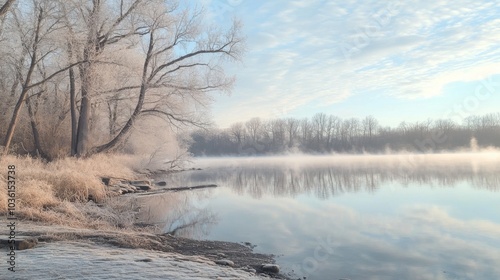 Early in the morning, the peaceful lakeside is blanketed in frost. Mist rises from the water, contrasting with bare trees and soft blue skies, creating a serene winter setting.