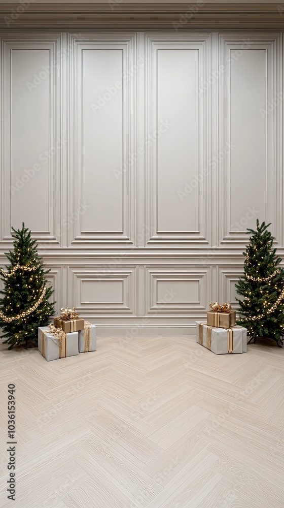 Fototapeta premium A stunning luxury staircase showcases tasteful garland and beautifully wrapped gift boxes in a classic, refined interior space