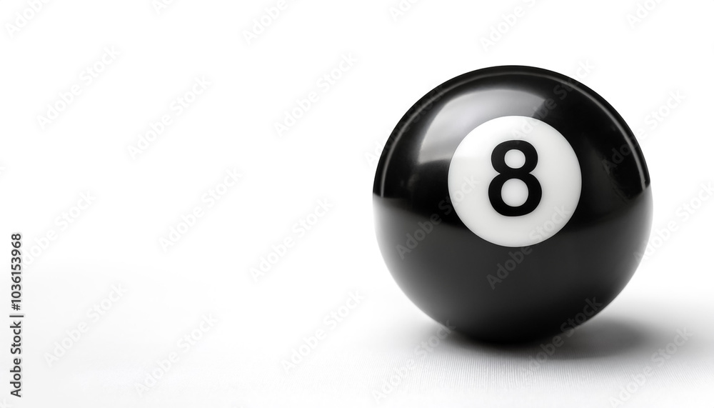 number 8 eight ball, the black ball, used in pool billiard games on side position provides copy space for text. background concept isolated white number 8 eight ball, the black ball, used in pool billiard games on side position provides copy space for text. background concept isolated white