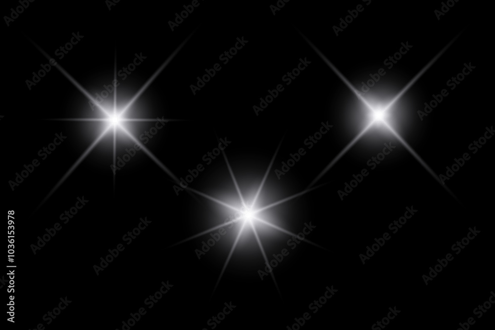White sparkle lights, flashing lights, light effects, sunlight lens flare, glowing ray beams, sparkling starsicon on black background. White sparkle lights, flashing lights, light effects, sunlight lens flare, glowing ray beams, sparkling starsicon on black background.