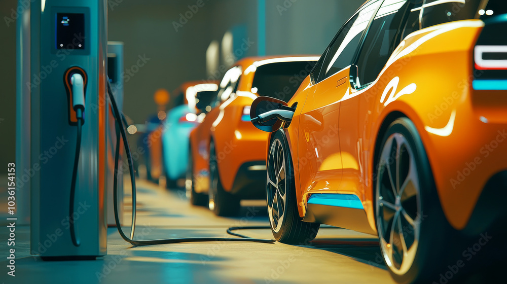Electric cars are plugged in at a charging station. This is an illustration showing a modern way to charge vehicles. Electric cars are plugged in at a charging station. This is an illustration showing a modern way to charge vehicles.