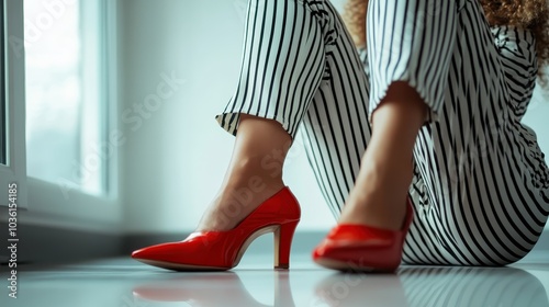 A pair of chic red stilettos are paired with striped pants, sitting indoors where sunlight creates stunning shadows on the floor, blending fashion and art. photo