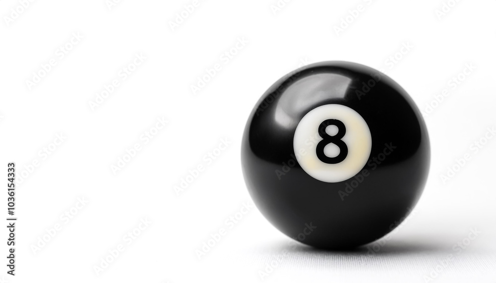 number 8 eight ball, the black ball, used in pool billiard games on side position provides copy space for text. background concept isolated white number 8 eight ball, the black ball, used in pool billiard games on side position provides copy space for text. background concept isolated white