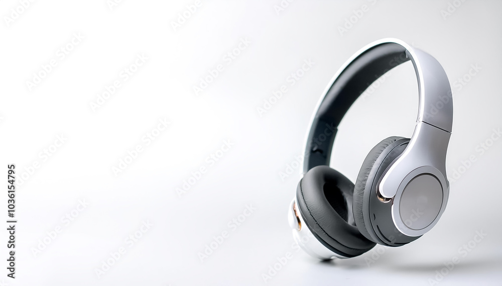 White metallic white wireless headphones in the air on side position provides copy space for text. background concept isolated white White metallic white wireless headphones in the air on side position provides copy space for text. background concept isolated white