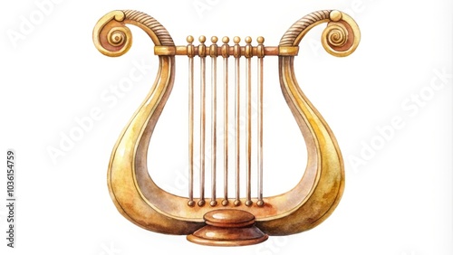 Golden lyre painted with watercolors, representing history, music, and ancient culture