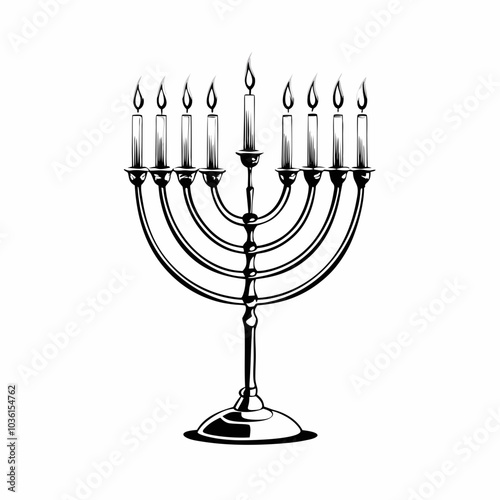 Traditional menorah with candles, festive mood, black and white illustration, cultural symbol