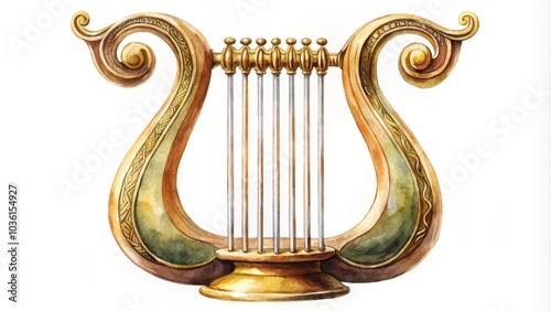 Golden lyre painted with watercolors, representing history, music, and ancient culture