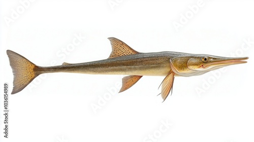 Longnose Gar gracefully swims against a plain white backdrop highlighting its unique elongated shape sharp teeth and scales in stunning detail. photo