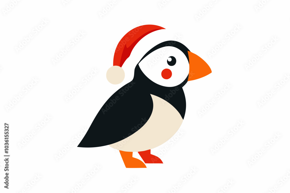 Fototapeta premium Puffin with Santa Claus hats isolatedon white,vector new year elements for christmas design