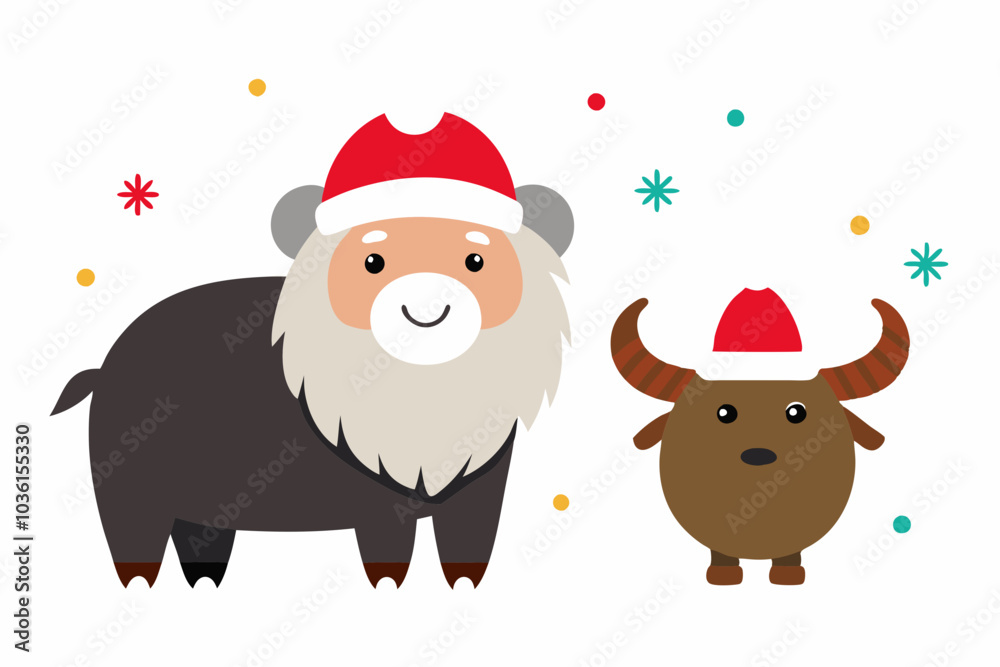 Muskox with Santa Claus hats isolatedon white,vector new year elements for christmas design Muskox with Santa Claus hats isolatedon white,vector new year elements for christmas design