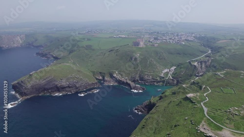Aerial view of bay state. Rotating over the ocean
