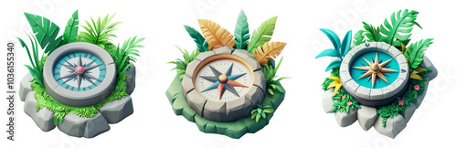 PNG Tropical Compass on Stone Base with Greenery, 3D icons and objects collection, in cartoon style isolated on transparent background