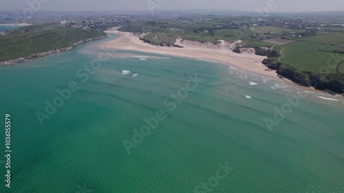 Aerial view of bay, Flying over the ocean to the beach