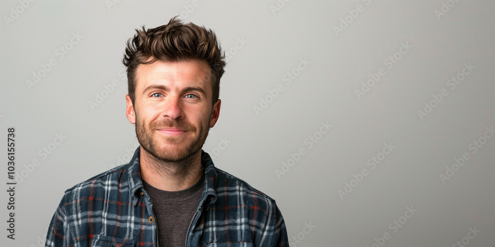 Obraz premium Confident Young Man Smiling in Casual Attire Against a Neutral Background