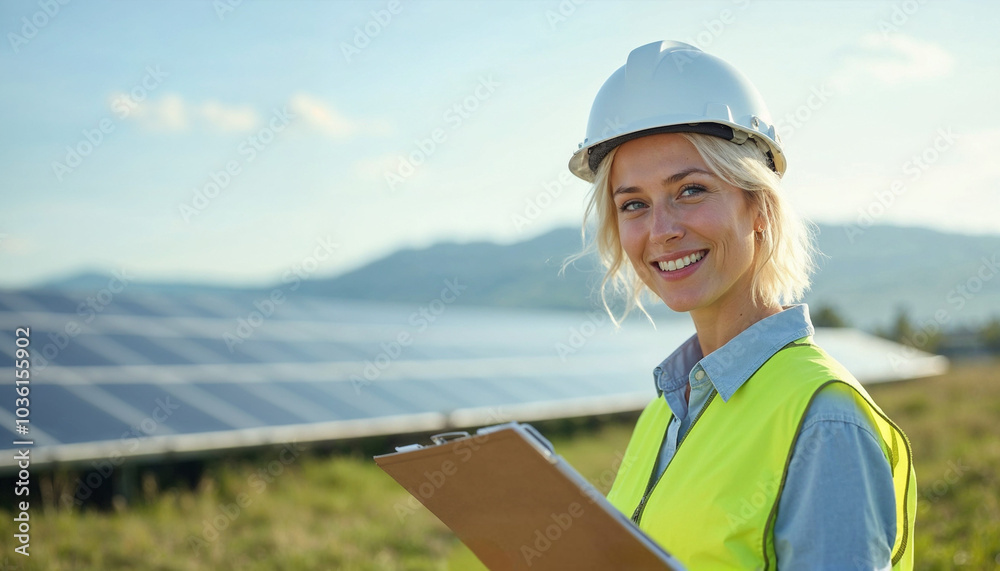 A woman engineer wearing a hard hat and safety vest stands by expansive rows of solar panels, holding a clipboard. A woman engineer wearing a hard hat and safety vest stands by expansive rows of solar panels, holding a clipboard.